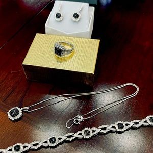 White and black diamond jewelry set - ring, necklace, earrings, bracelet